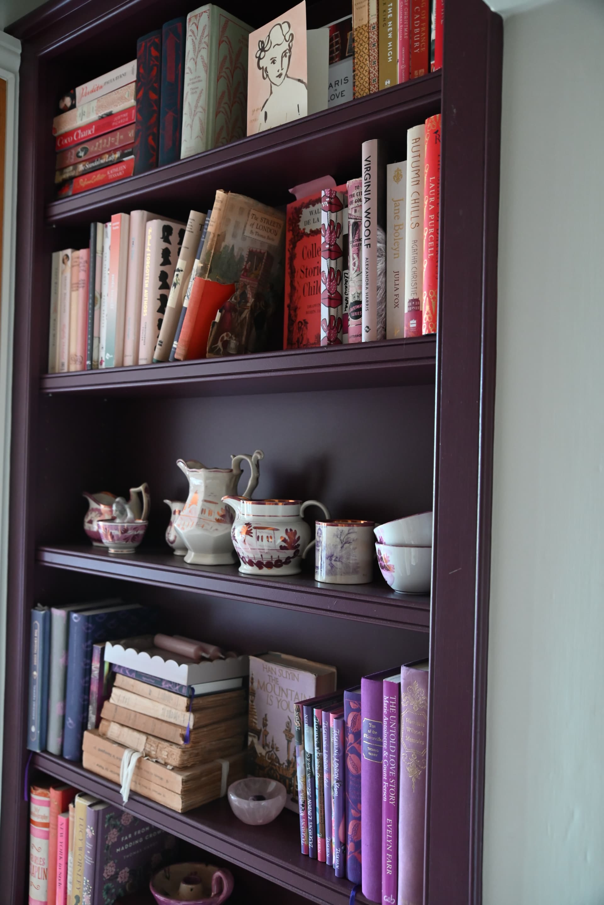 Aubergine painted bookcase — books & china